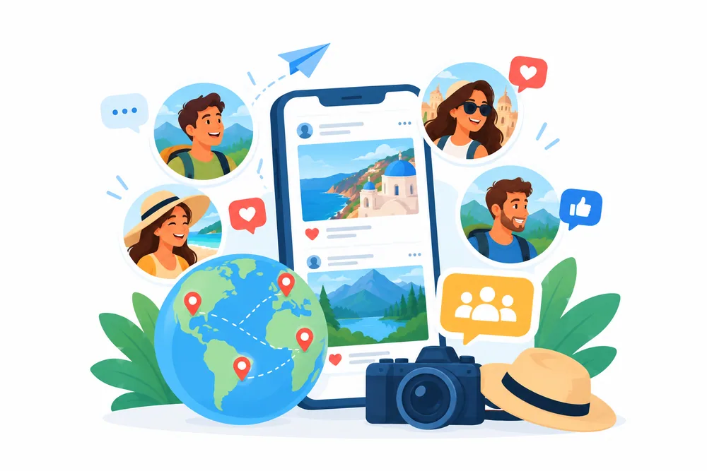Ilustración de viajeros unidos en comunidad