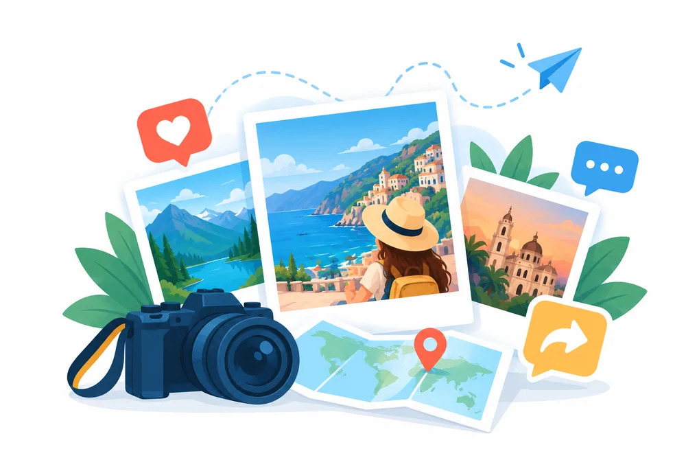Ilustración de viajeros compartiendo sus experiencias