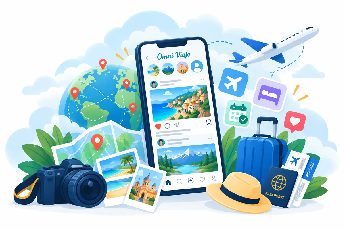 Funcionalidades de Omni Viaje mostradas en un teléfono junto a destinos y herramientas de viaje