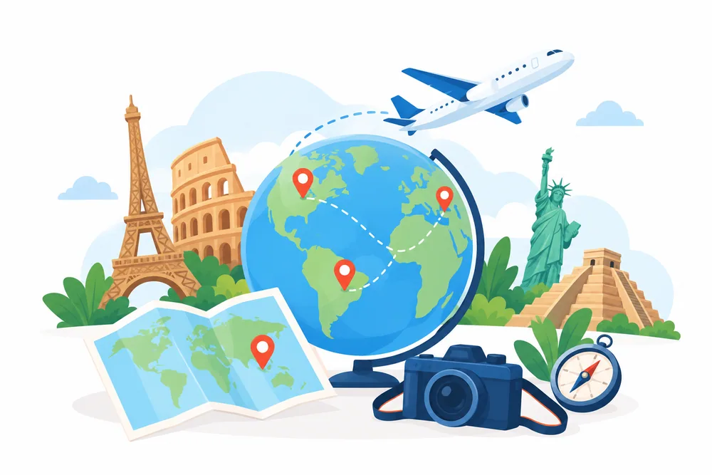 Ilustración de destinos para explorar el mundo