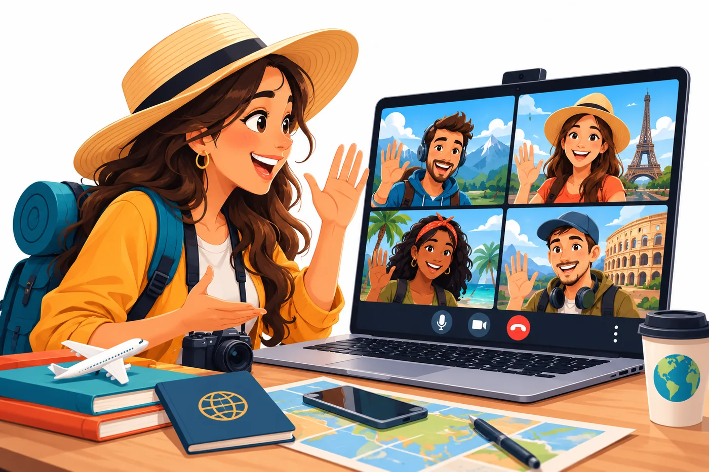 Viajera conectando con otros viajeros por videollamada