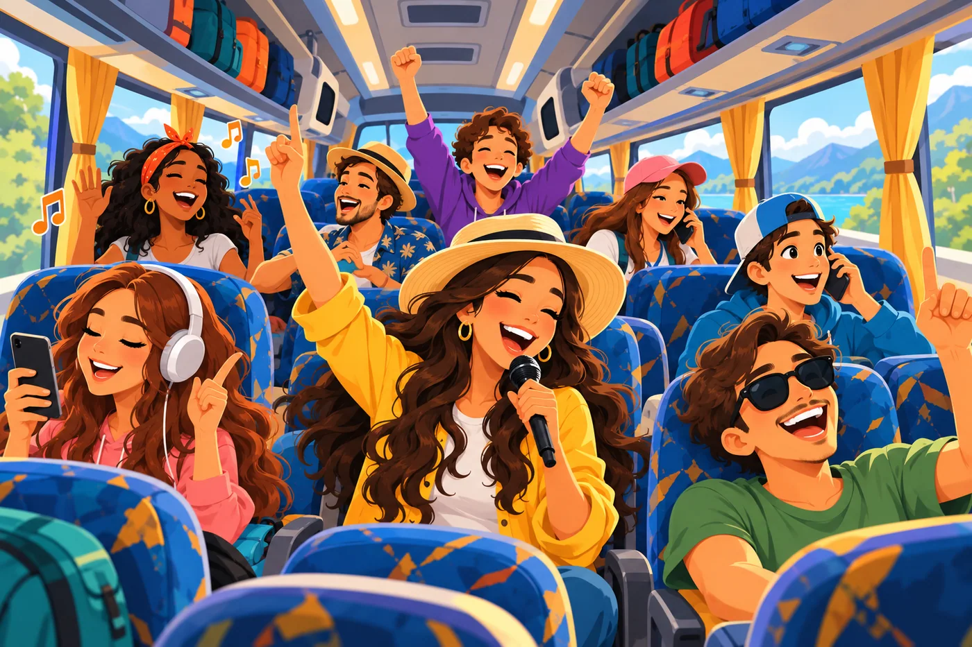 Amigos disfrutando de un viaje en autobús