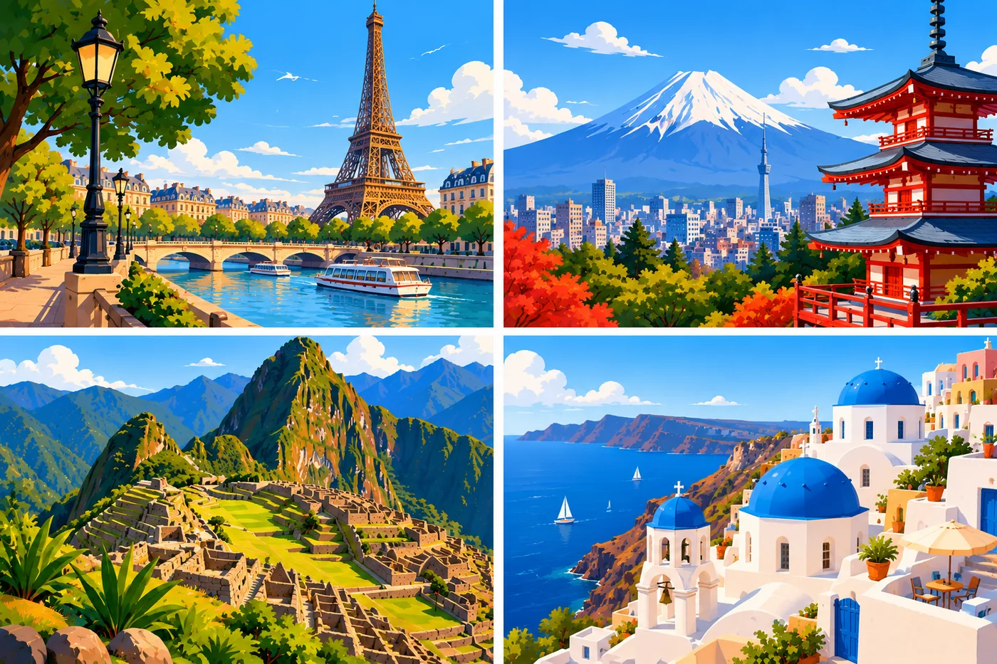 Destinos de París, Japón, Machu Picchu y Santorini