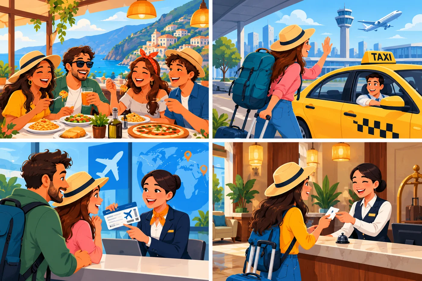 Viajeros en un restaurante, aeropuerto y hotel